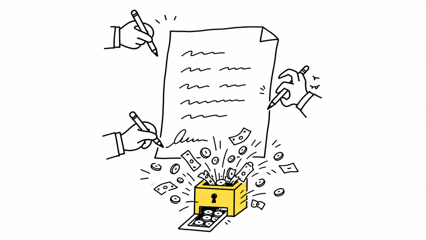 Hand-drawn permission paper being signed by three hands, with a sneaky hand and money bursting from a yellow treasury box