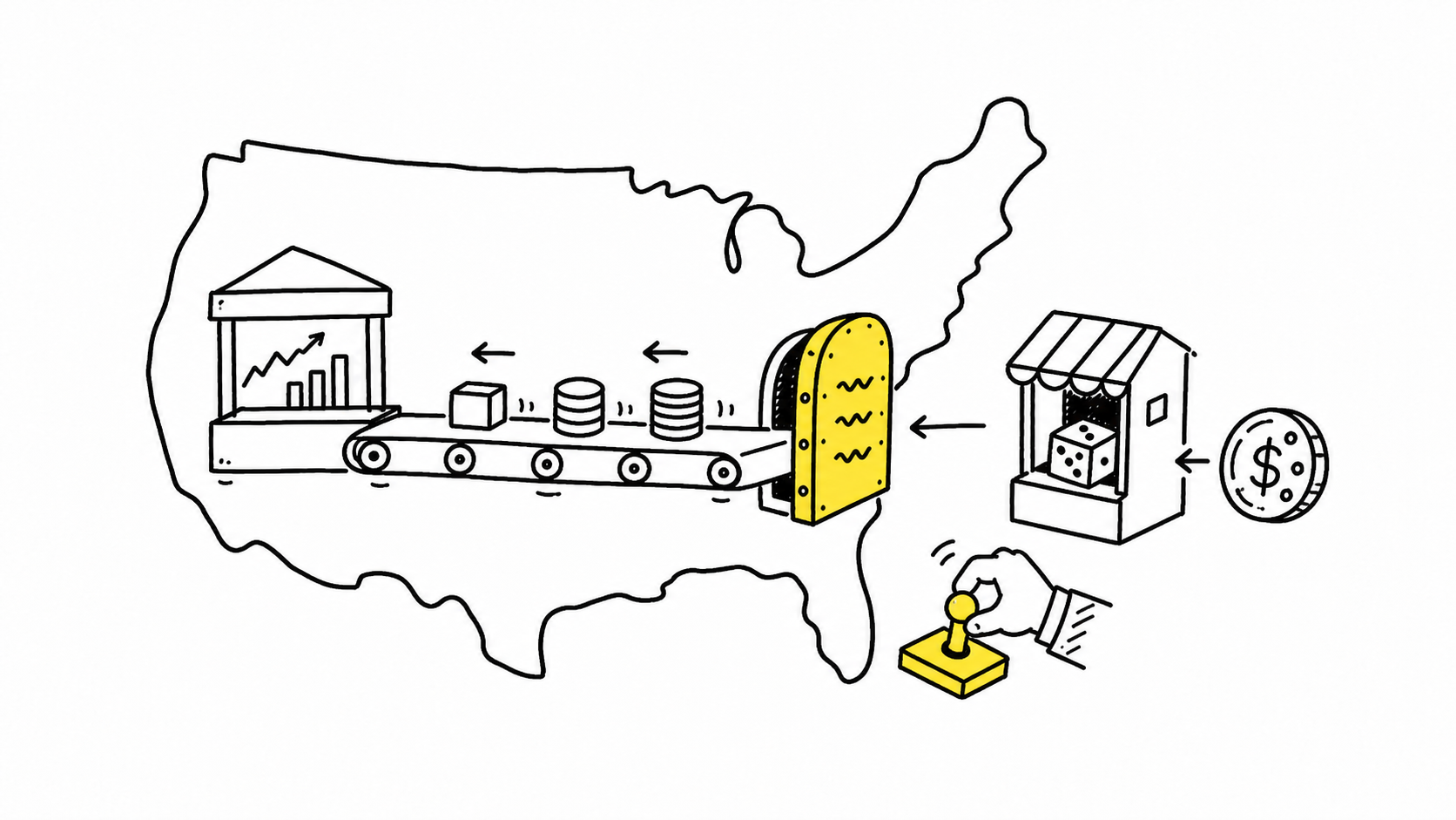 Hand-drawn illustration about America institutionalizing crypto, prediction markets, stablecoins, and digital dollars