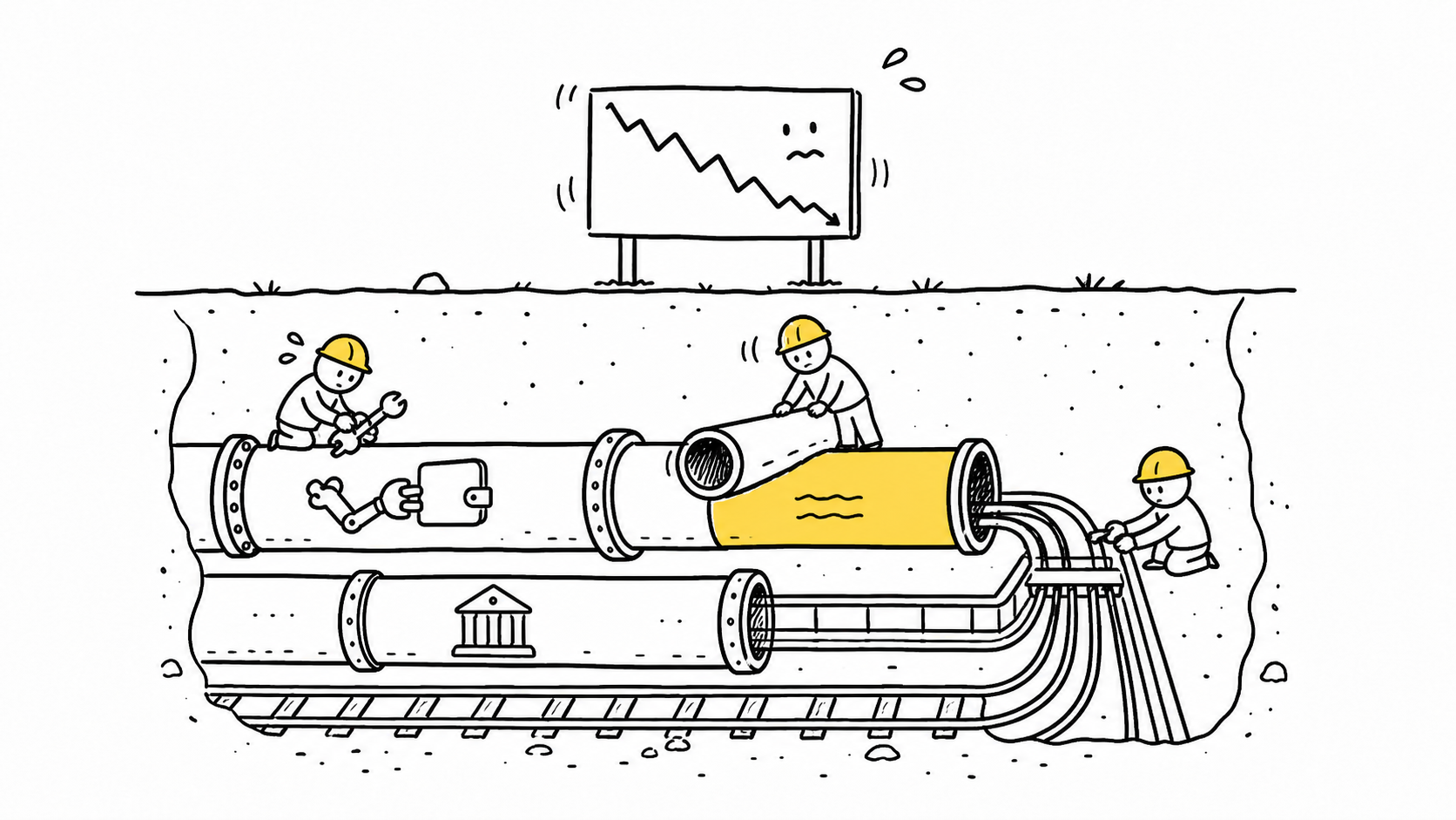 Hand-drawn illustration about shaky crypto prices while infrastructure is being built