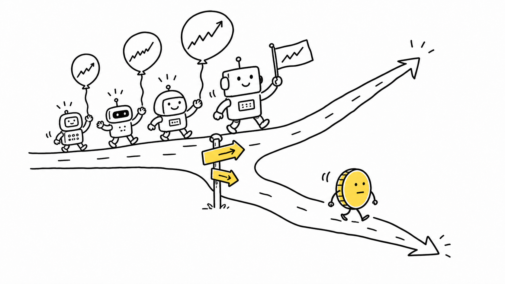Hand-drawn illustration about Bitcoin going its own way while ETFs outflow and AI stocks rally